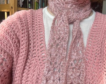 Handmade Pink Crochet Lace Scarf Mohair Coquette Neck Tie Christmas gift