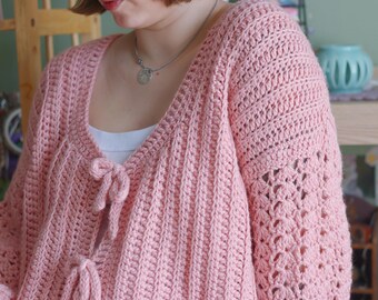 Handmade Pink Crochet Cardigan Soft Alpaca Wool Bow Tie Sweater