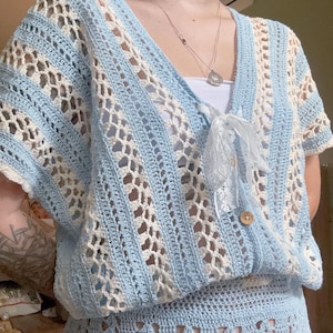 Vintage Style Crochet Dress Boho Summer Dress in Blue and Cream