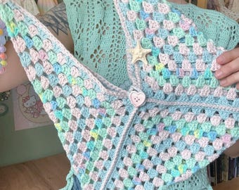 Handmade Crochet Bag  Pastel Granny Square Purse with Charm