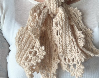 Angora Lace tie, Beige knitted Skinny Scarf, Accessory for her, long Sophie scarf