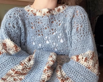 Handmade Crochet Alpaca Sweater  Light Blue Pullover with Striped Sleeves  Soft Boho Knit