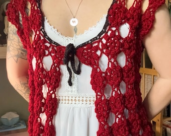 Handmade Crochet Red Cardigan  Boho Festival Open Vest, Summer Shrug Christmas gift