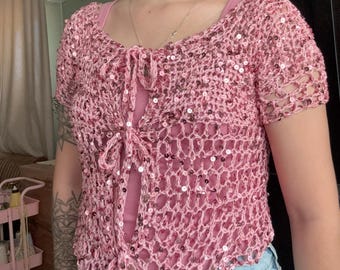 Handmade Pink Crochet Sequin Tie Front Top Sparkly Festival Boho Shirt