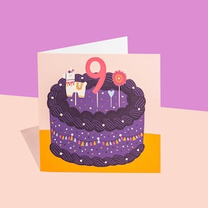 Neuvième anniversaire, 9e anniversaire, 9 ans, alpaga, festival, fleurs, carte violette, carte rose, neuf