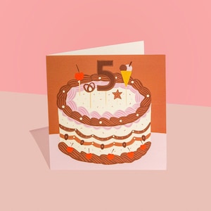 Carte de cinquième anniversaire, cinquième anniversaire, gâteau du 5e anniversaire, crème glacée, cerises, carte de cerise, 5 ans, carte pour enfants, carte d'anniversaire, cinq