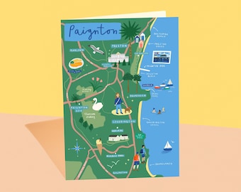 Paignton map greeting card, Paignton map, illustrated Paignton map, Torbay map, A5 paignton map