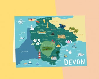 Devon greeting card, Devon illustrated map, Devon illustrations, Devon print, Devon map