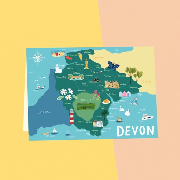 Devon greeting card, Devon illustrated map, Devon illustrations, Devon print, Devon map