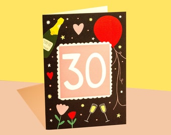 30th birthday, 30th birthday card, illustrated birthday card
