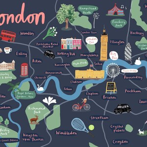 Carte de Londres, impression de Londres, carte illustrée de Londres, cartes illustrées, art de Londres, affiche de Londres