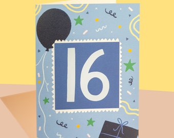 May include: A blue birthday card with the number 16 in white on a blue background. The card is decorated with confetti, stars, and a black balloon.