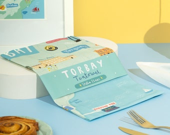 Torbay Map Tea Towel, Torbay map, Seaside Tea towel, Devon tea towel