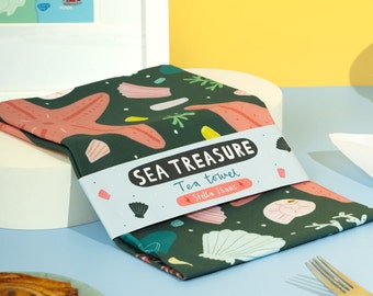 Sea treasure tea towel, shells tea towel, seaside, shells, under the sea