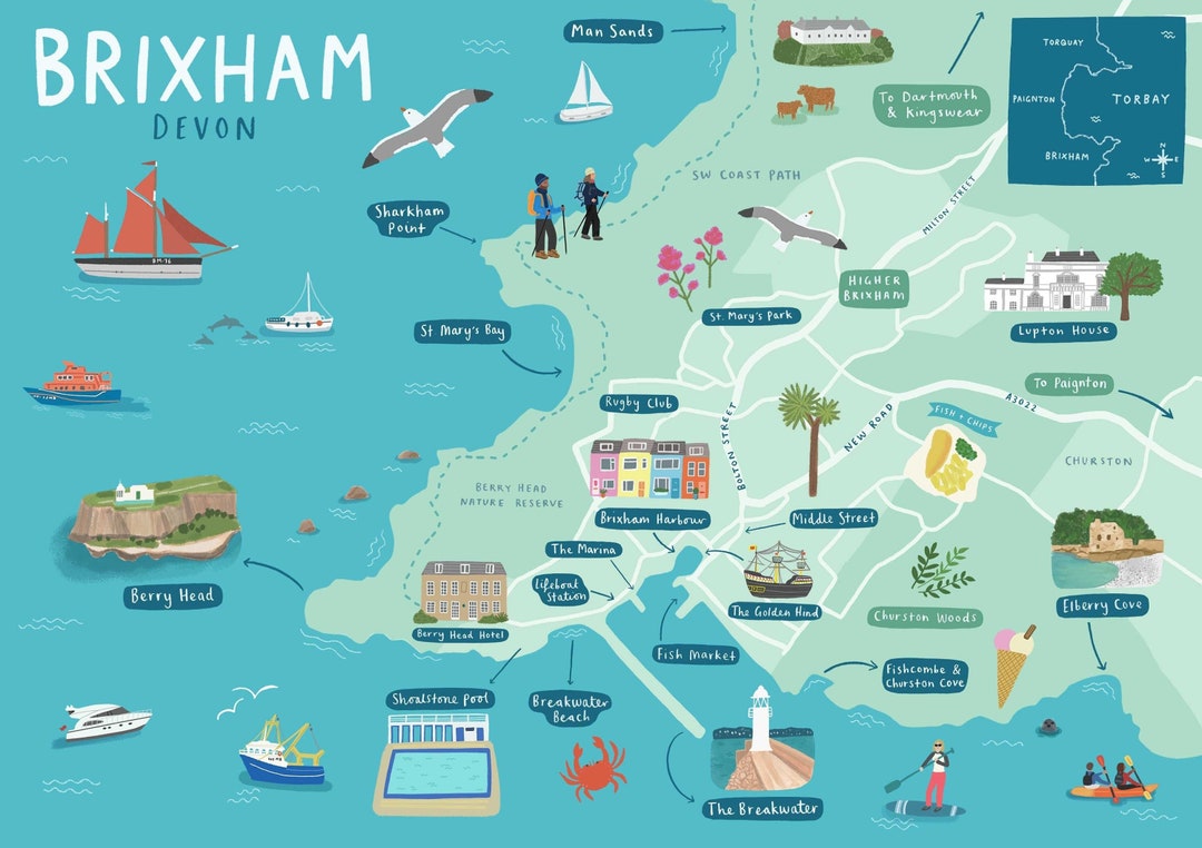 Brixham Map Brixham Print Brixham Print Torbay Map Torbay Etsy UK