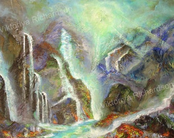 May include: A painting depicting a waterfall cascading down a rocky cliff face. The water is white and the rocks are a mix of brown, green, and blue. The background is a hazy blue and green, suggesting a mountain range.