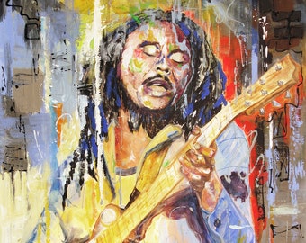 Bob Marley and Guitar - Original Acrylic Painting on Canvas 30" x 20". Reggae, Ska, Rocksteady, Street Art, Home Decor, Wall Hangings,