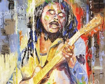 BOB MARLEY et GUITARE, Impression papier, Portrait, Art sur mur, Affiche, Légende, Pop Art, Reggae, Street Art, Décoration intérieure, Art de salon