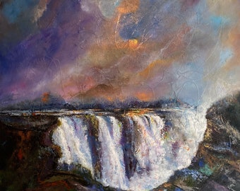 May include: A painting of a waterfall with a purple and orange sky in the background. The waterfall is white and foamy, and the sky is filled with clouds.