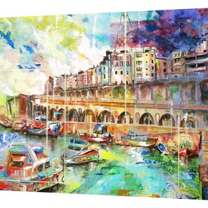 May include: A colorful abstract painting of a harbor scene with boats and buildings. The painting is done in a loose, impressionistic style with bright colors and bold brushstrokes.
