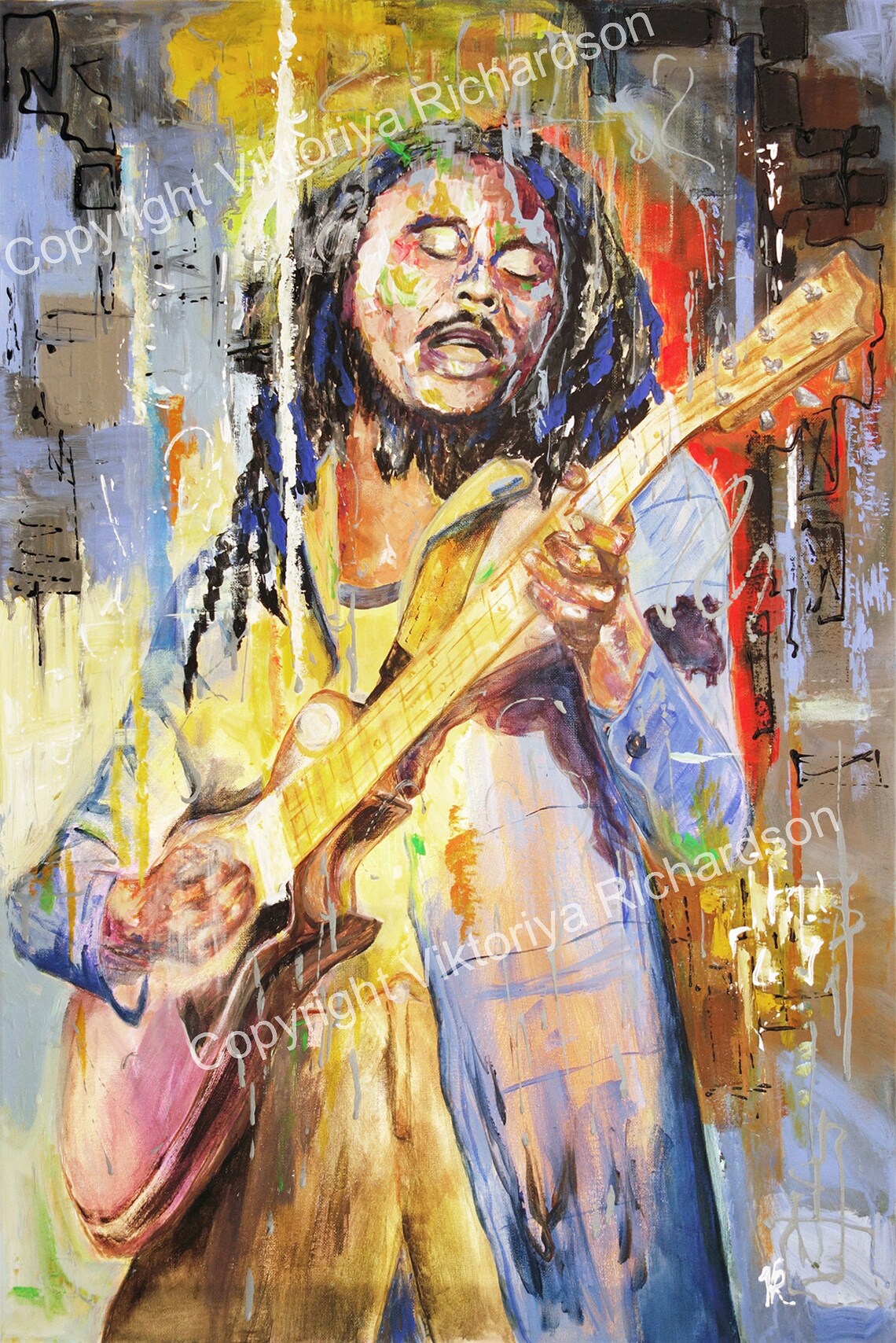 BOB MARLEY and GUITAR Paper Print Portrait Art on Wall | Etsy