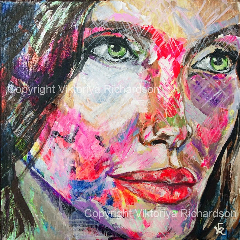May include: Abstract painting of a woman's face with bright colors, including pink, red, green, and blue. The woman has green eyes and red lips. The painting is done in a loose, expressive style.