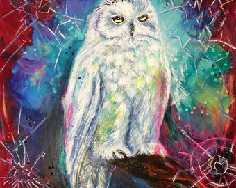 Snowy owl - Original,  Painting on Canvas 16’ x 16’,  Frame, Wall Art, Spiritual , Street Art, Wall Hangings, Home Decor, Owl,