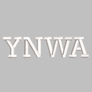 May include: White embroidered patch with the text "YNWA" in a blocky font.