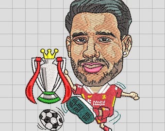 Puede incluir: Dibujo animado bordado de un futbolista con uniforme rojo pateando un balón de fútbol. El jugador sostiene un trofeo. La imagen tiene un fondo de cuadrícula.