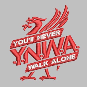 以下が含まれることがあります： 赤い刺繍のパッチに、鳥のロゴと白い文字で「You'll Never Walk Alone」と書かれています。