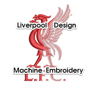 May include: Red embroidered Liverpool Football Club logo with the text "Liverpool Design" and "Machine Embroidery" on a white background.