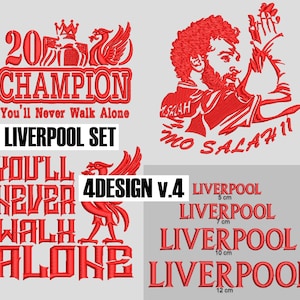 Può includere: Disegni di ricamo rossi per un fan del Liverpool Football Club. I disegni includono lo stemma della squadra, le parole "You'll Never Walk Alone" e il nome "Mo Salah". Ci sono anche quattro dimensioni diverse della parola "Liverpool" in rosso.