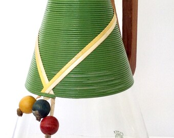 Jahrgang Pyrex Dekanter Krug Holz Griff Kork Stopper Emaille Wrap Holz Perlen Sammlerstücke seltene Glaswaren Getränke Server USA