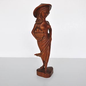 Vintage Art Deco Wooden Sculpture Topless Woman Figurine Colonial Antique Indonesian Asian Thai Geisha Girl