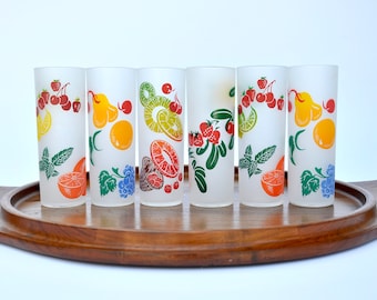 Vintage Bundesglas Frosted Obst Gläser Retro Mid Century 1960er Jahre Set von 6 BarWagen Dekor Nostalgische Küche Dekor Tropisches Trinkgeschirr