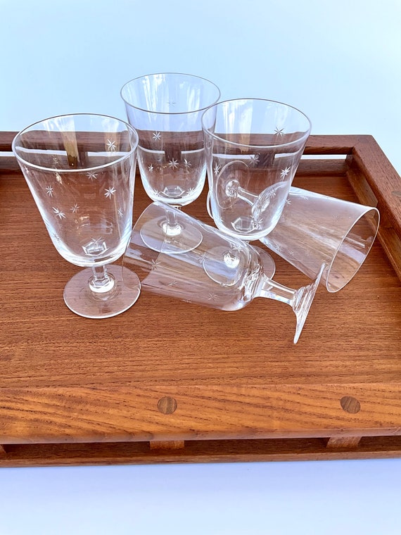 5 Vintage Etched Wine Glasses, 1950's, Vintage Etched Starburst 5 oz