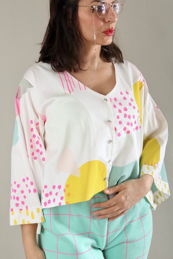 Screen printed kimono blouse "ABSTRACT UNIVERSE"