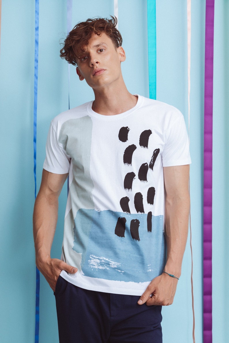 Screen printed graphic on T-shirt BLUE ABSTRACT image 5