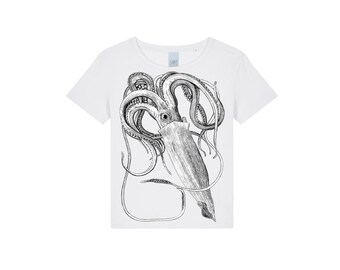 Screen printed graphic on organic woman T- shirt "SQUID"