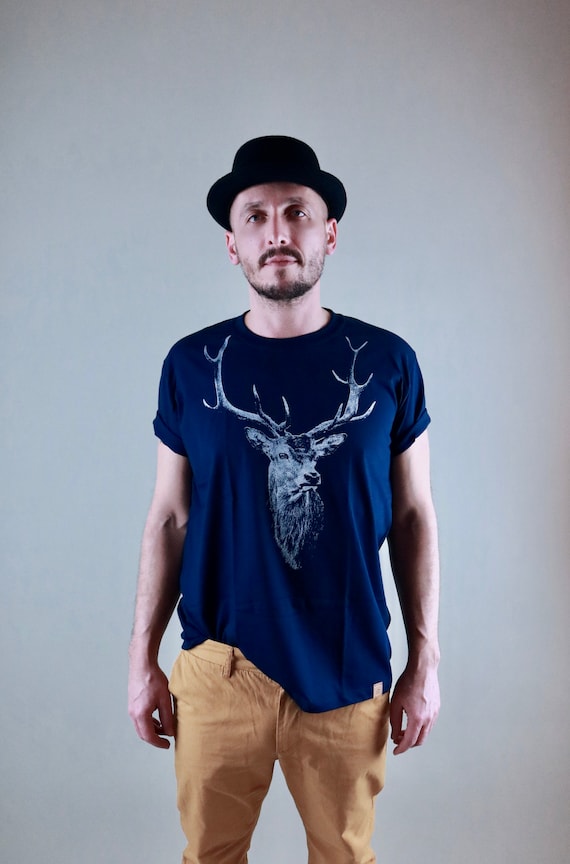 Deer - unisex cotton screen printed dark blue T-shirt