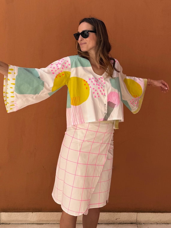 Screen printed pattern on women wrap skirt "SQUARE GRID"