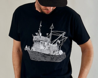 Screen printed graphic on T-shirt - "FISHING BOAT"