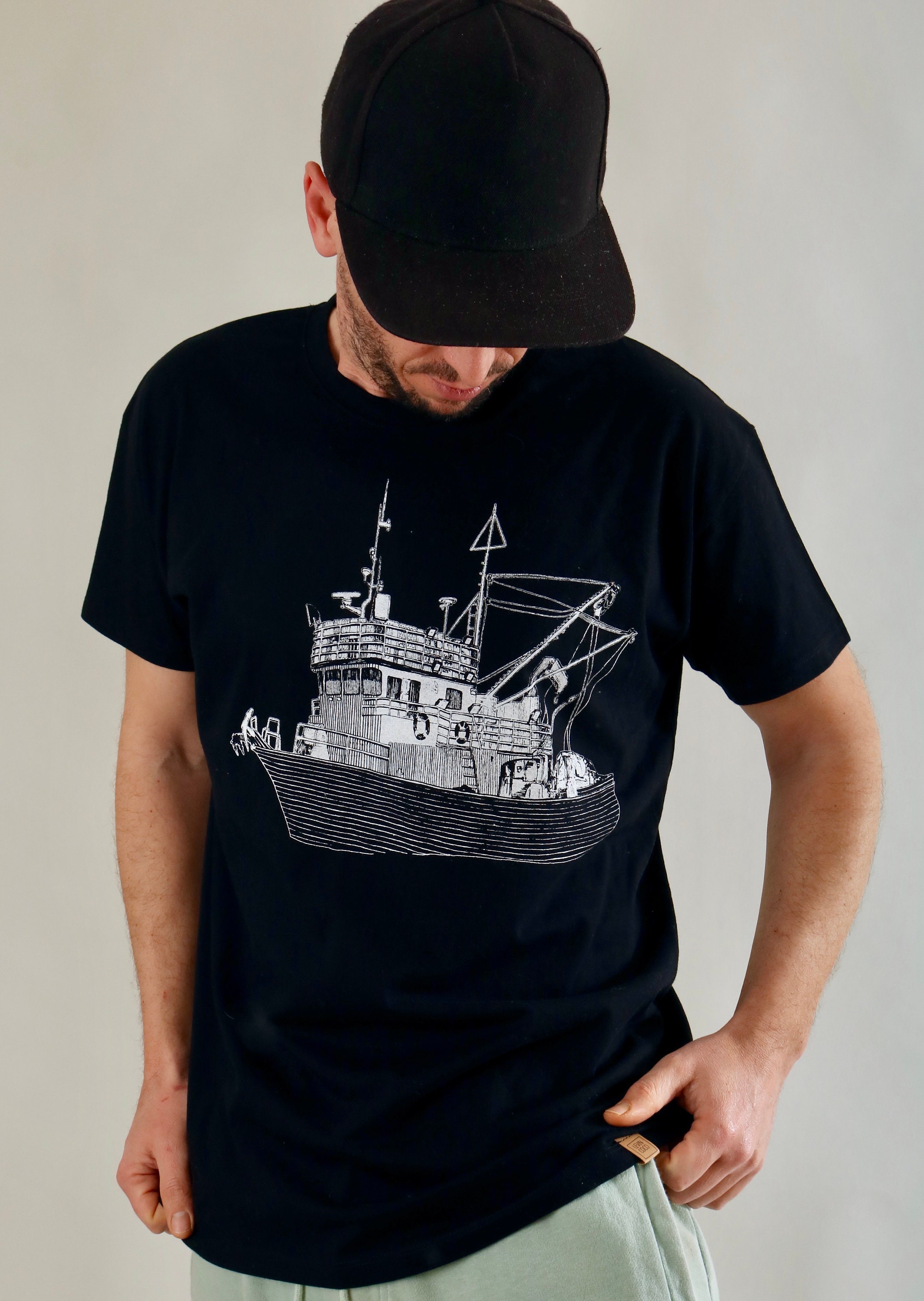 Screen printed graphic on T-shirt - FISHING BOAT