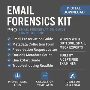 Può includere: Grafica per download digitale per un kit di analisi forense delle email. Il testo include "Guida alla conservazione delle email, moduli e script" ed elenca funzionalità come "Modulo di raccolta metadati" e "Script metadati Outlook".