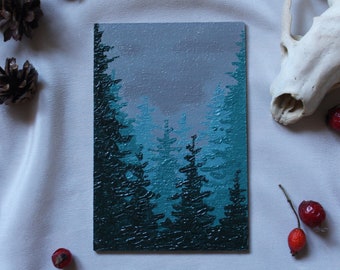 Small oil painting, foggy Carpathian forest