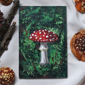 Amanita muscaria arte al óleo, mosca agárica pintura de hongos