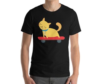 May include: A black t-shirt with a cartoon image of a yellow cat riding a red skateboard.