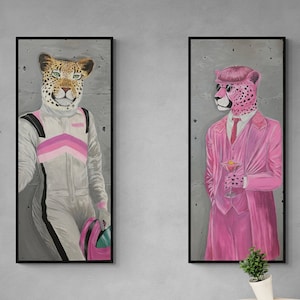 Set of 2 Cheetah Racer & Pink Cheetah Art Prints, Pink Cheetah Acrylic Painting, Cheetah Wall Art, Pink Animal Wall Art, Animal Artwork