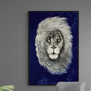 Grey Lion Wall Art Print, Original Lion Acrylic Painting, Wildlife Animal Art, Yellow Eyes Lion Poster, Animal Wall Art, Bedroom Wall Decor