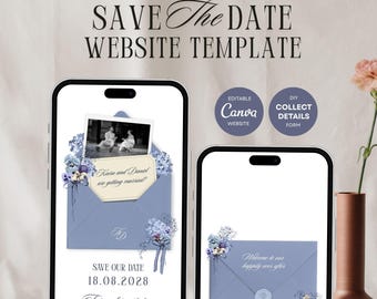 Blue Floral Save The Date Website Template: Canva Invitation Template (Digital Download)